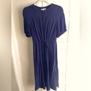 Relaxed Fit Half-Sleeve Waisted Midi A-Line Dress, Navy, M